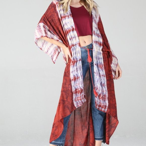 The King Kouture Tops - 5⭐️!!  NWT Boho Tie Dye Kimono Duster Red/White Small